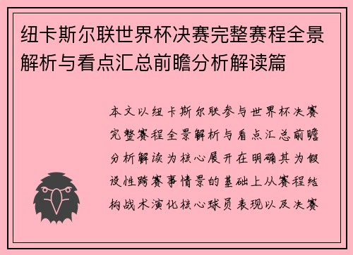 纽卡斯尔联世界杯决赛完整赛程全景解析与看点汇总前瞻分析解读篇